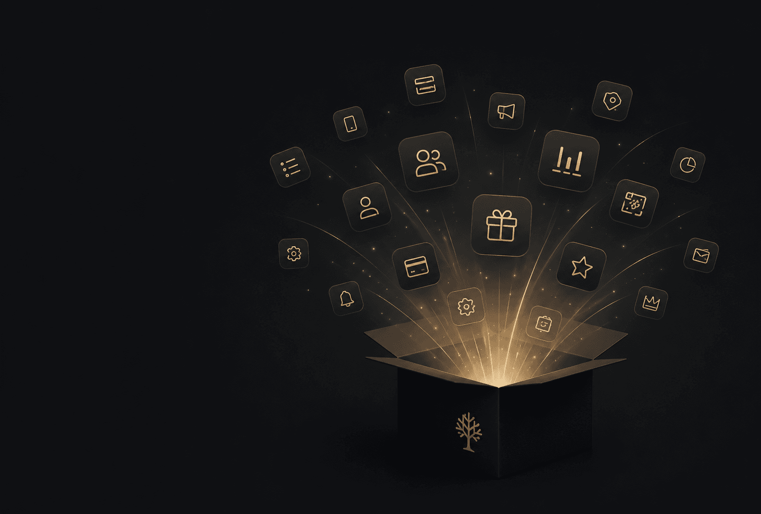 A Qafey-branded box opening with feature icons emerging on warm gold light — analytics, loyalty cards, notifications, customer segments, and more.