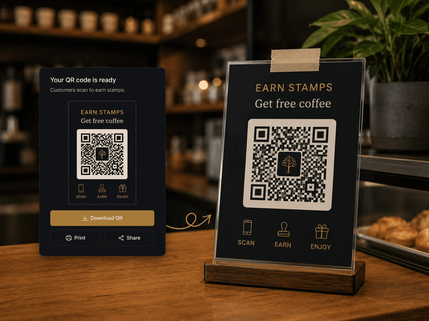 A printable Qafey QR stamp display ready on the café counter, next to the dashboard's download-QR screen.
