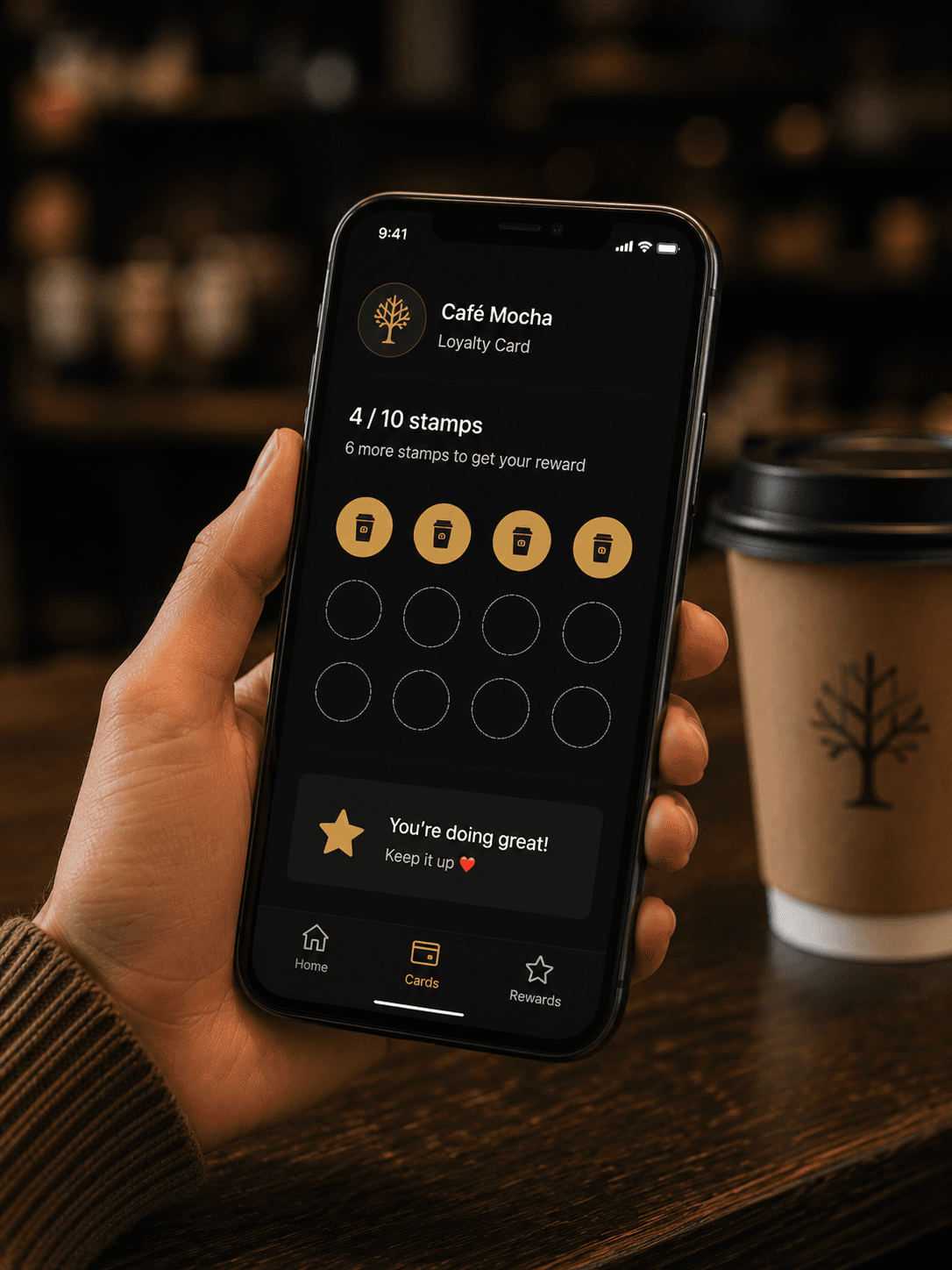 Customer's phone showing the Qafey Café Mocha loyalty card filling up with stamps — collecting their next free coffee.